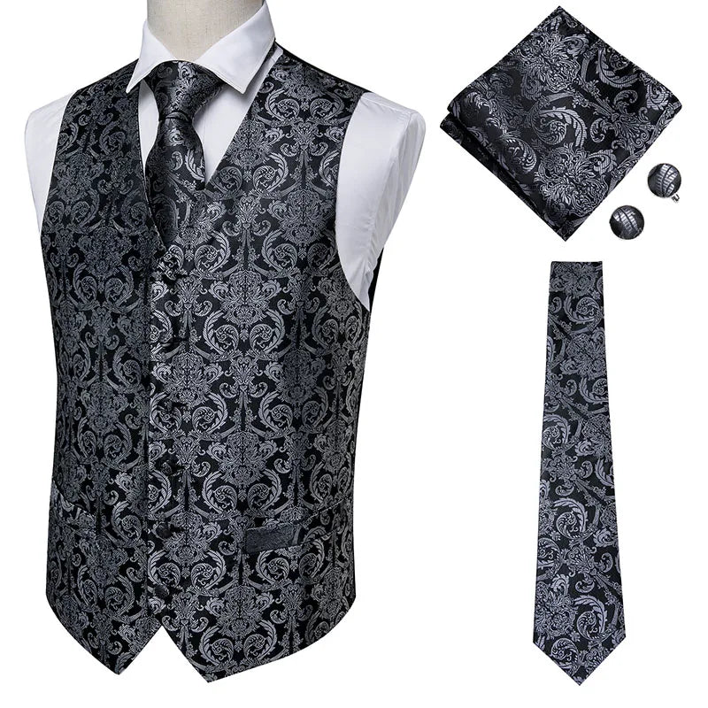 Hi-Tie Pink Green Paisley Silk Dress Vest Set For Men Dark Blue Jacquard Mens Suit Vest Male Waistcoat For Wedding Formal Jacket voguable