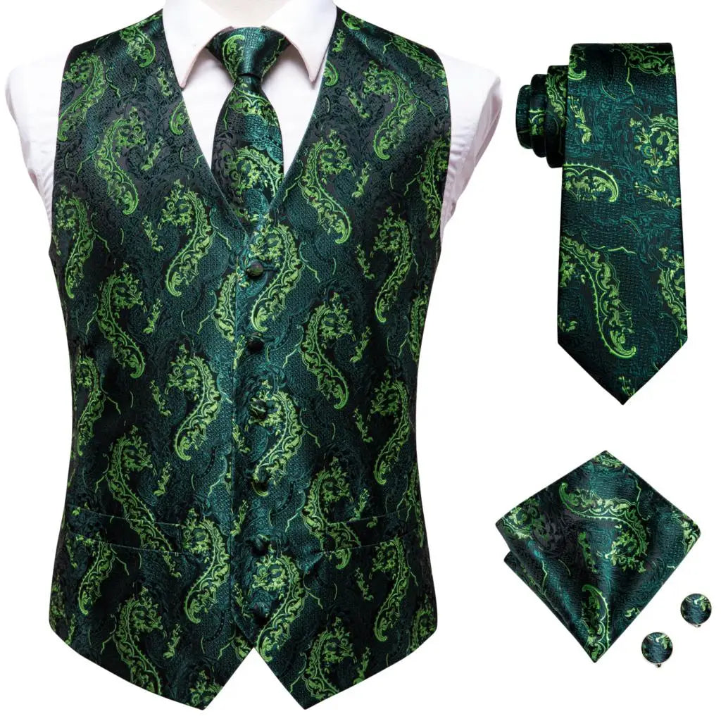 Hi-Tie Pink Green Paisley Silk Dress Vest Set For Men Dark Blue Jacquard Mens Suit Vest Male Waistcoat For Wedding Formal Jacket voguable