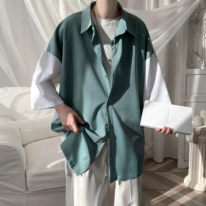 Voguable Summer Short-sleeved Shirt Men's Fashion Hit Color Oversize Casual Shirt Men Streetwear Korean Loose Dress Shirt Mens M-3XL voguable