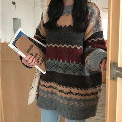 Vintage Sweaters Women Pullover Winter Striped Jumpers Korean Style Loose Pullover Knitwear Casual Loose Sweater Pull Femme voguable
