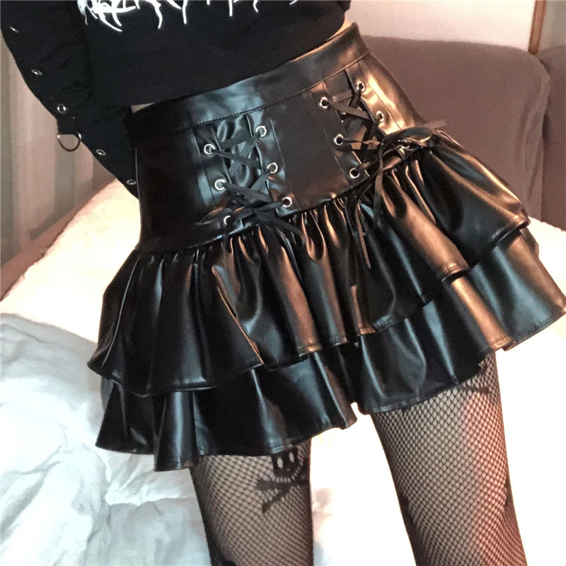 Mall Goth Punk PU Skirt Women Dark Gothic Vintage Bandage High Waist Lolita Skirt Harajuku Streetwear Emo Alt Clubwear voguable