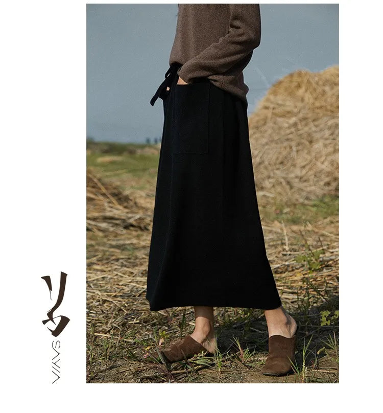 Cashmere skirt ladies high waist stretch skirt casual knitted half length long skirt with pockets winter warm female skirt voguable
