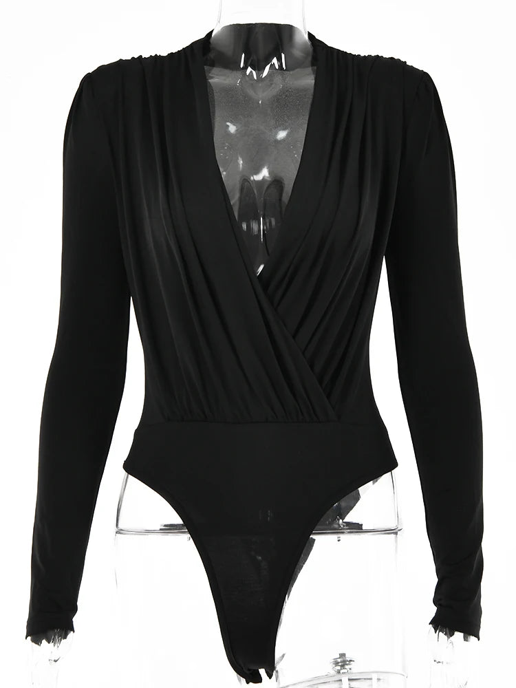 V Neck Brown Bodysuit Women Autumn Long Sleeve Top Bodies Sexy Female Overalls Casual Bodycon Bodysuits voguable