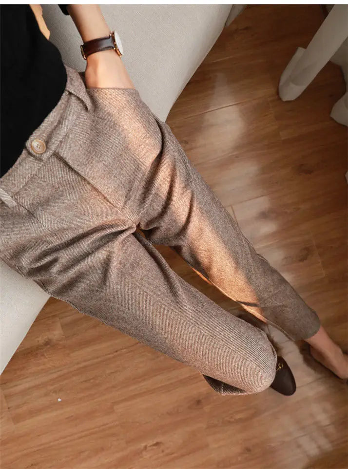 Woolen Pants Women's Harem Pencil Pants Autumn Winter High Waisted Casual Suit Pants Office Lady Women Trousers voguable