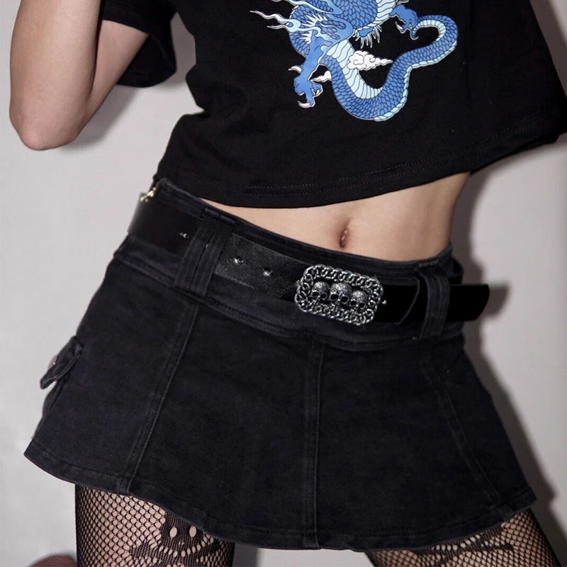 Harajuku Y2k Denim Skirt Women Dark Gothic Streetwear Mini Skirt with Skull Belt Mall Goth Punk Grunge Sexy Emo Clubwear voguable