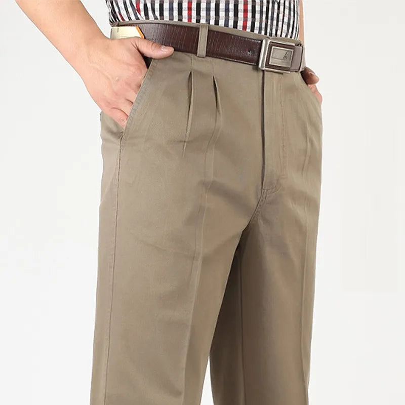 Straight Loose Casual Pants Men Pleated Classic Basic High Waist Thick Autumn 100% Cotton Black Office Trousers 42 44 46 voguable