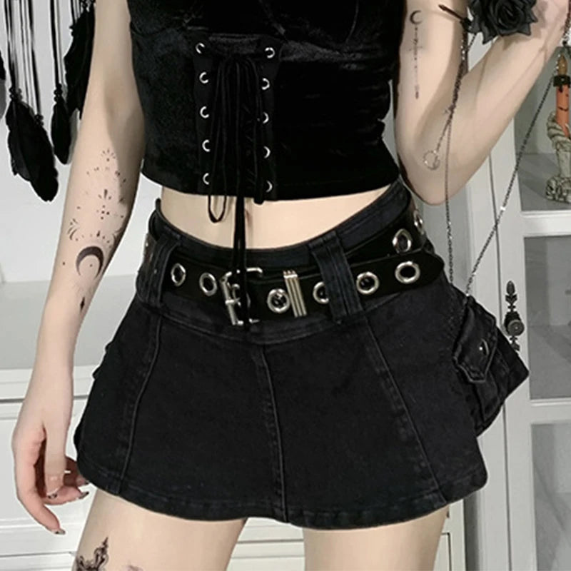 Harajuku Y2k Denim Skirt Women Dark Gothic Streetwear Mini Skirt with Skull Belt Mall Goth Punk Grunge Sexy Emo Clubwear voguable