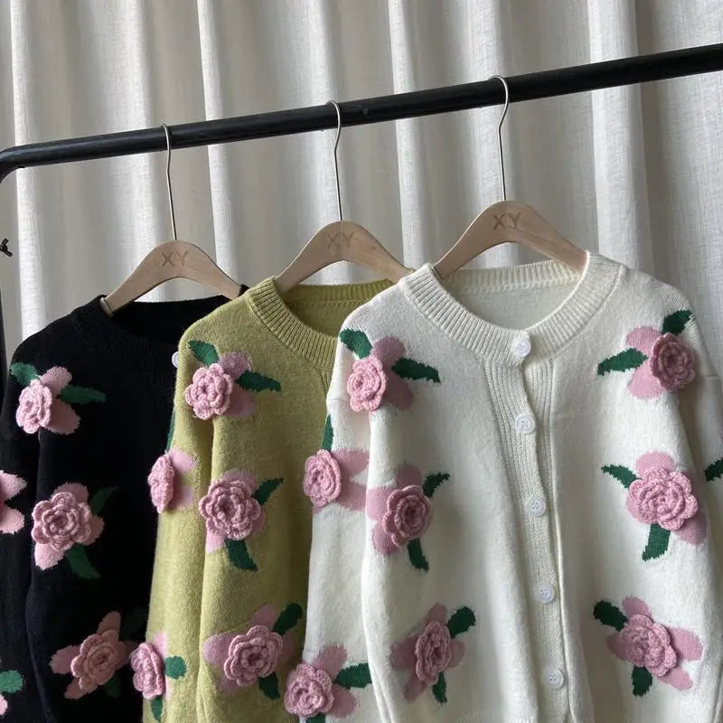 Woman Sweater 2021 Autumn and Winter New Retro Knit Sweater Female Rose Flower Embroidery Contrast Loose Sweater Coat Cardigan voguable