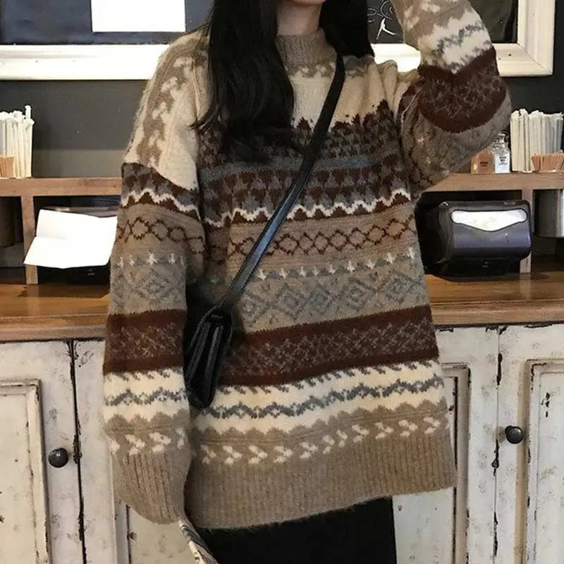 Vintage Sweaters Women Pullover Winter Striped Jumpers Korean Style Loose Pullover Knitwear Casual Loose Sweater Pull Femme voguable