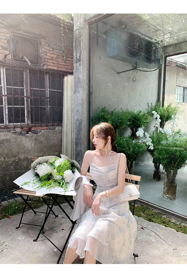 Voguable Summer Party Midi Elegant Dress Women Strap Sexy Design High Wasit Vintage Casual Sleeveless Chiffon Sweet Dress voguable