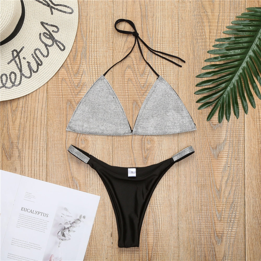 Voguable   Bikini Set Women Luxury Bling Rhinestone Sliver Crystal Diamond Sexy Swimsuit Halter Push Up Bandage Swimwear Bikini Set voguable