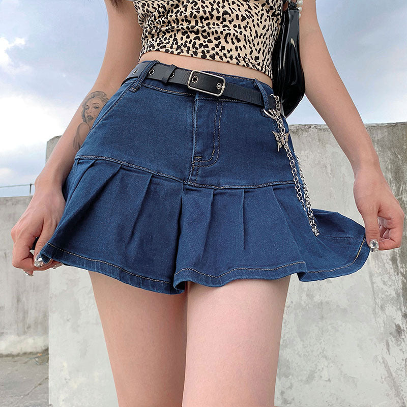 y2k Pink Denim Pleated Skirts Mini Solid Casual Woman Fashion Korean Style High Waist Skirt with Lined Hot Club Party Girls 2020 voguable