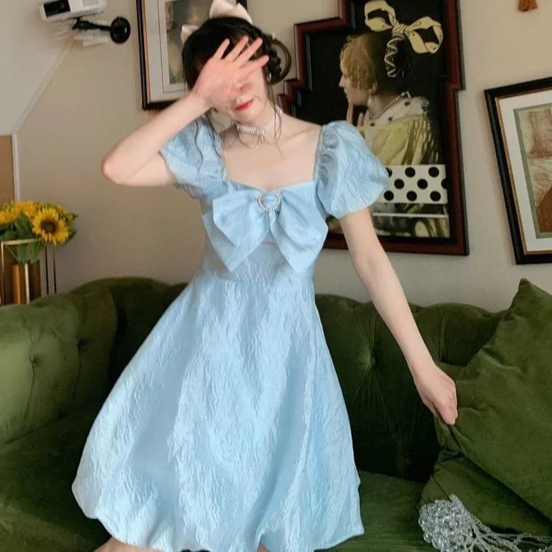 Voguable Blue Elegant Fairy Dress Women Summer 2021 Korean Puff Sleeve Party Princess Sweet Dress Female Kawaii High Waist Casual Dress voguable