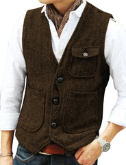 Men's Vest Brown Herringbone Wool Tweed V Neck Single Breasted Retro Tooling Vest Male Gentleman Business Waistcoat For Wedding voguable