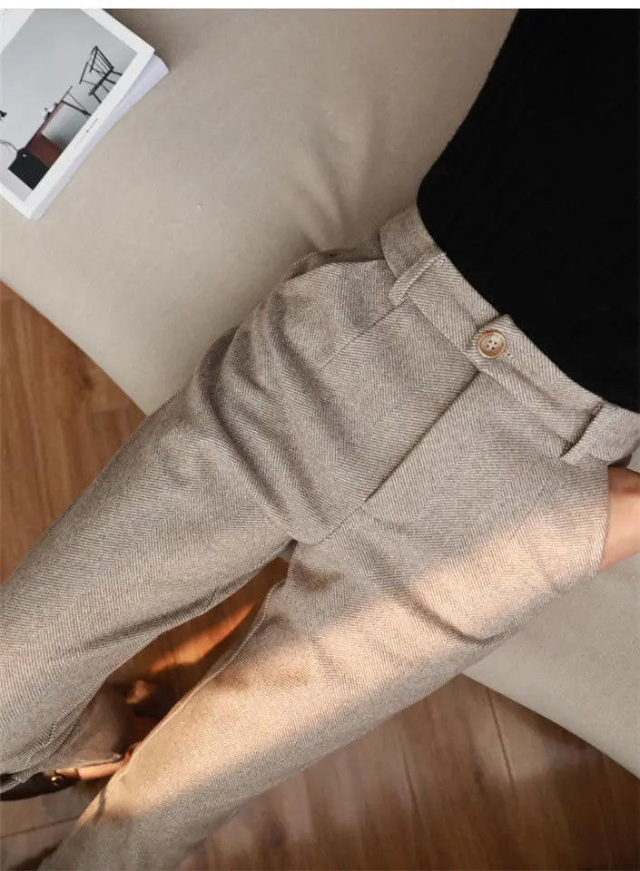 Woolen Pants Women's Harem Pencil Pants Autumn Winter High Waisted Casual Suit Pants Office Lady Women Trousers voguable