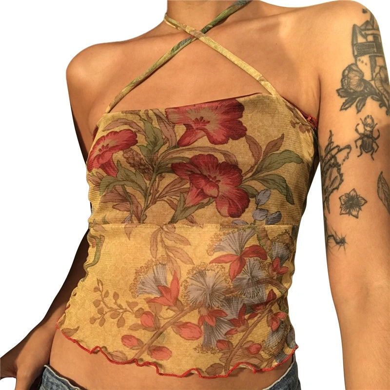 y2k Tops for Women Sheer Floral Print Slim Fit Spaghetti Strap Sleeveless Mesh Halter Vest 2000s Clothes Streetwear voguable