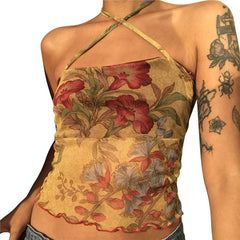 y2k Tops for Women Sheer Floral Print Slim Fit Spaghetti Strap Sleeveless Mesh Halter Vest 2000s Clothes Streetwear voguable