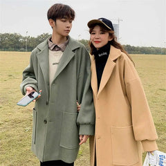 Lovers Mid-Length Woolen Coat Men's Autumn Winter Thickened Big Fleece Windbreaker Korean Trend British Solid Simple Streetwear