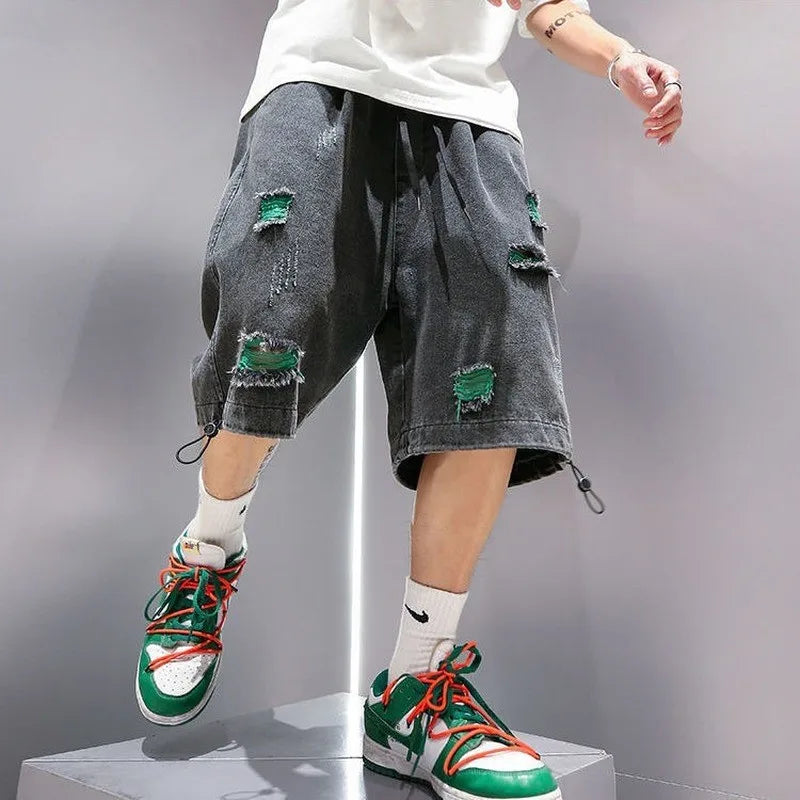 Voguable Black Baggy Short Jeans Men Denim Shorts Blue Ripped Jeans for Men Summer Japanese Hip Hop Jeans Streetwear Harajuku voguable