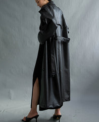 Lautaro Autumn Extra Long Oversized Black Faux Leather Trench Coat for Women Long Sleeve Belt Double Breasted Loose Fashion voguable