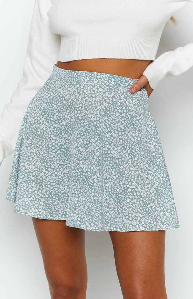 Summer new women's floral print skirt high waist umbrella mini skirt Female invisible zipper chiffon print short skirt women voguable