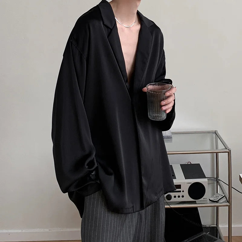 Voguable Summer Black White Silk Blazer Men's Fashion Business Society Men Suit Jacket Korean Loose Casual Dress Jacket Men M-XL voguable