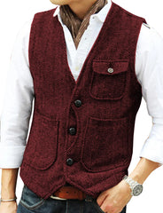 Men's Vest Brown Herringbone Wool Tweed V Neck Single Breasted Retro Tooling Vest Male Gentleman Business Waistcoat For Wedding voguable