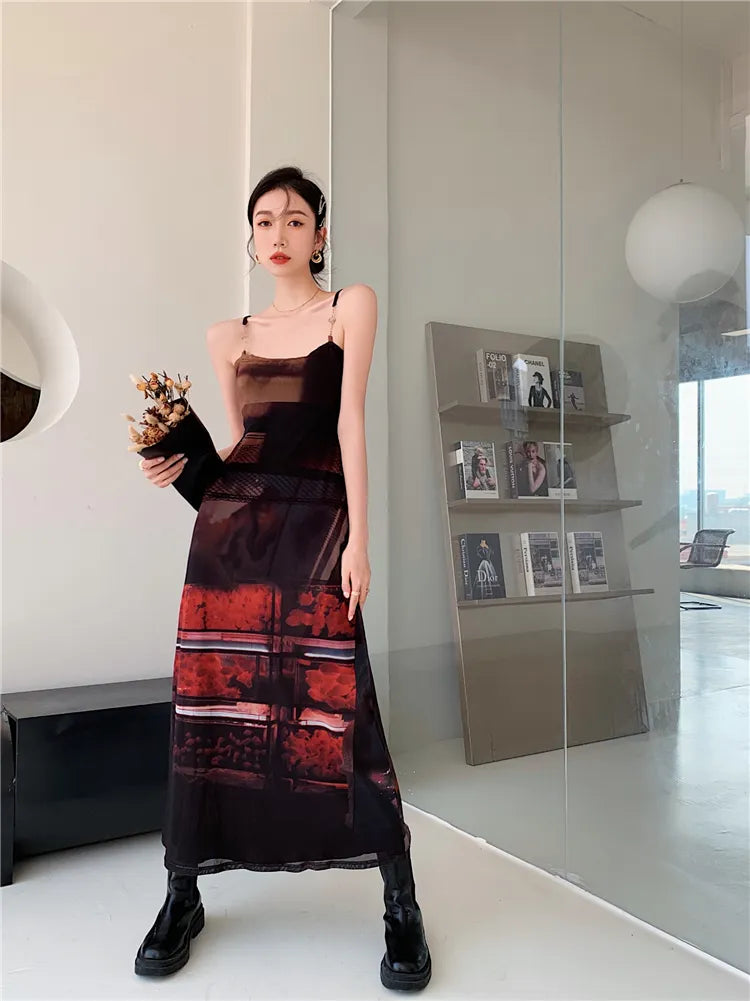 2 Piece Mesh Long Sleeve Punk Dress Women Turtleneck Long Midi Bodycon Ladies Dress Runway Fashion Designer Clothes voguable