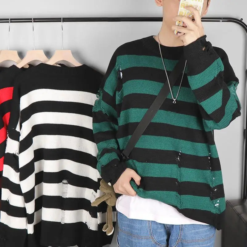 Black Stripe Sweaters Destroyed Ripped Sweater Men Pullover Hole Knit Jumpers Men Oversized Sweatshirt Harajuku Long Sleeve Tops voguable