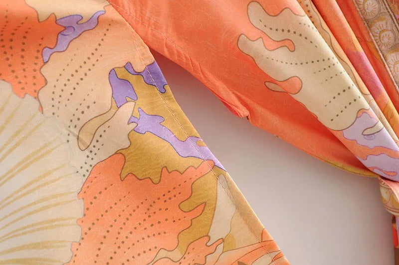 Voguable Bohemia Orange Mermaid Flower Crane Print Long Kimono Shirt Ethnic Lacing up Sashes Long Holiday Cardigan Loose Blouse Tops voguable