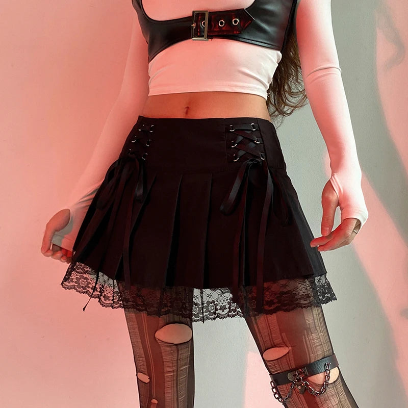 Harajuku Gothic Dark Academia Lace Trim Pleated Skirt Vintage Y2K Tie Up High Waist Skirt Mini Woman Goth Skirts 90s
