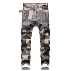Voguable  Men's Patch Patchwork Printed Jeans Fashion Slim Straight Stretch Denim Pants Plaid Digital Painted Trousers voguable