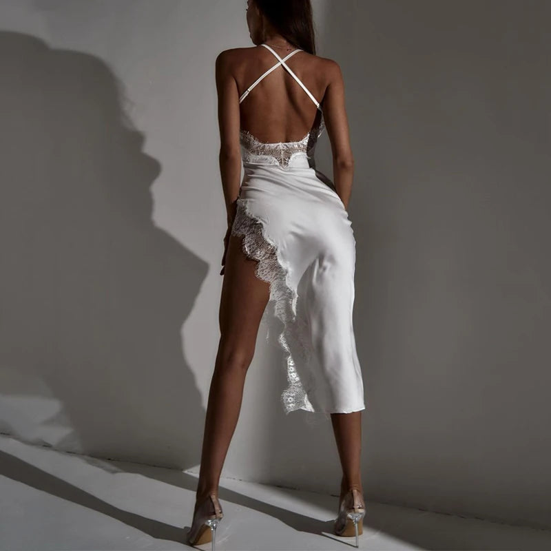 Voguable  Women Sexy Lace Party Club Backless Bodycon Stain Black Straps Midi Dress 2022 Summer Clothes Wholesale Items For Resale voguable