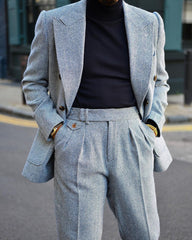 (Jacket+Pants) Autumn Causual Male Suit Grey Herringbon Slim Fit Warm Tuxued Groom Wediing Fashion Men's Jacket Coat Custom Made voguable