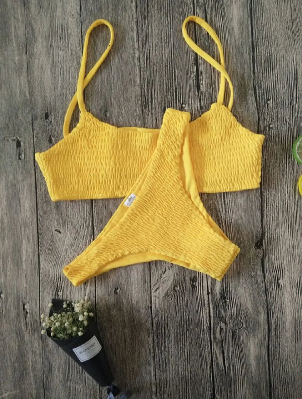 Yellow Ruffles Crochet Sexy Bikini Set Women Push-up Padded Bra Biquini Swimsuit e Swimwear Bathing Suit Mujer