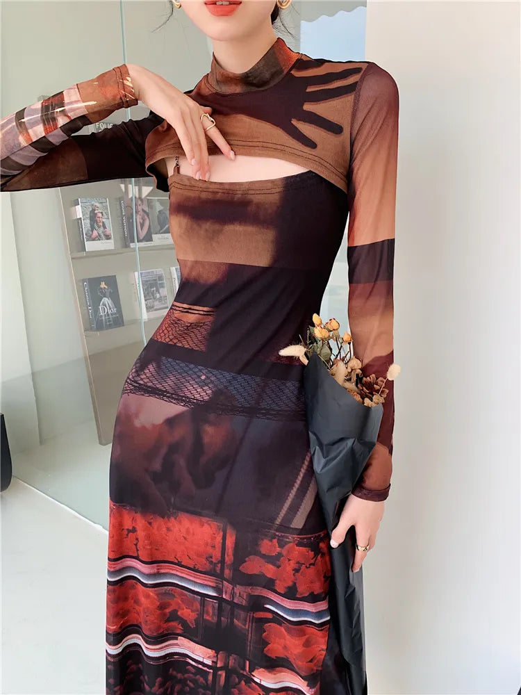 2 Piece Mesh Long Sleeve Punk Dress Women Turtleneck Long Midi Bodycon Ladies Dress Runway Fashion Designer Clothes voguable