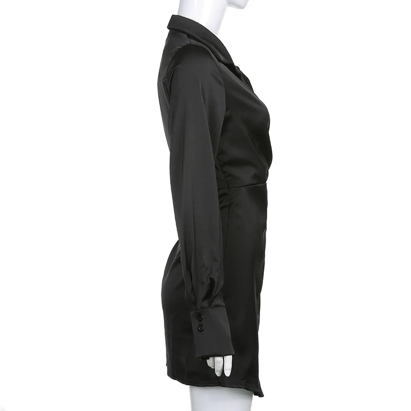 Office Ladies Shirt Dress Elegant Fashion Sexy Slim Deep V-Neck Turn-Down Collar Long Sleeve Mini Dresses For Women voguable
