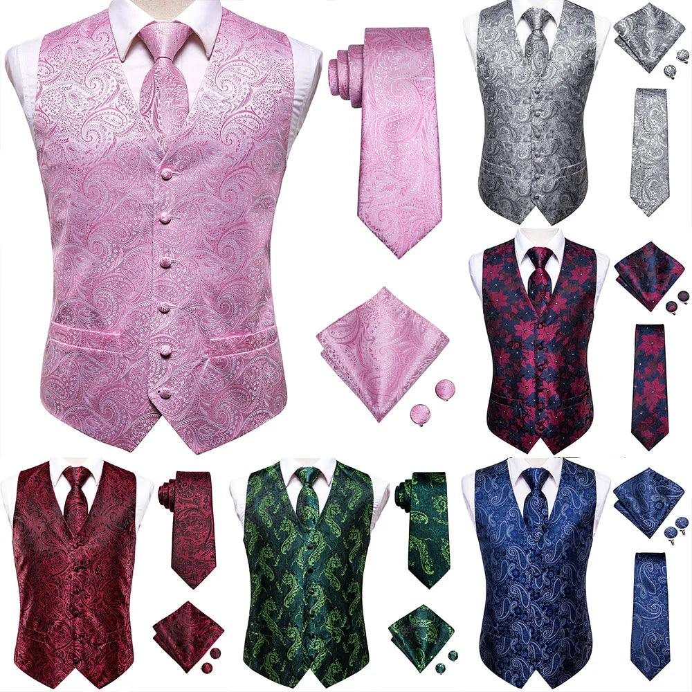 Hi-Tie Pink Green Paisley Silk Dress Vest Set For Men Dark Blue Jacquard Mens Suit Vest Male Waistcoat For Wedding Formal Jacket voguable