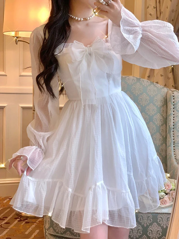 Voguable French Sweet Fairy Lolita Dress Women Long Sleeve Lace Y2K Mini Dress Vintage Kawaii Clothes One Piece Dress Autumn voguable