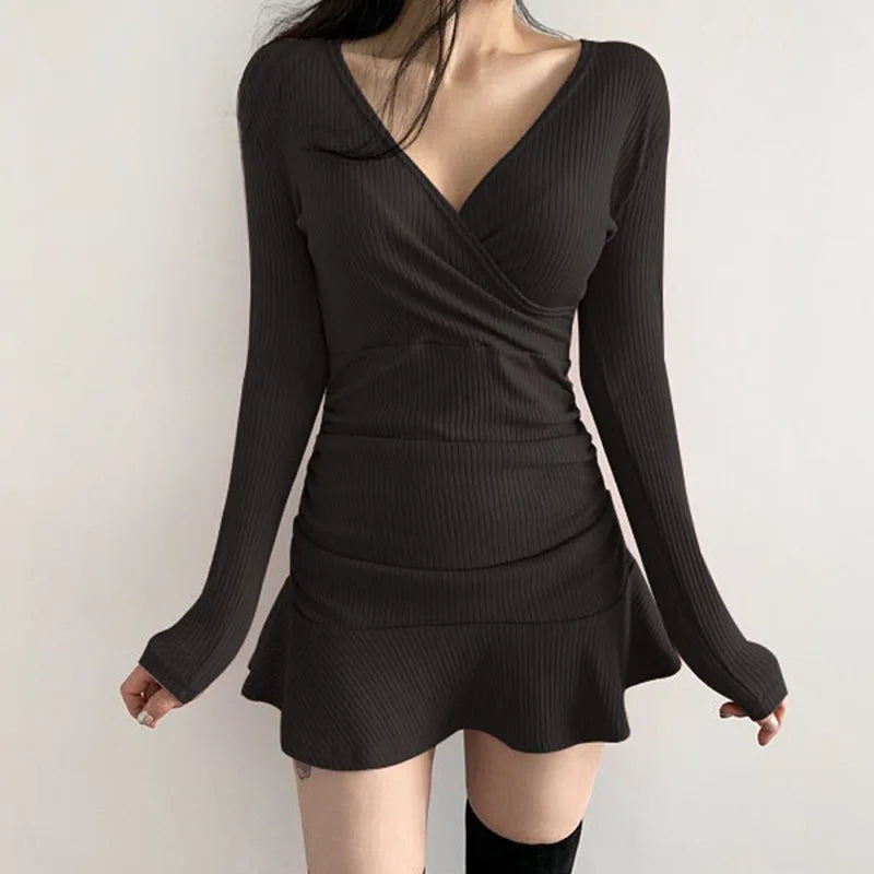 Black Knitted Ribbed Midi Dresses For Women V Neck Elegant Korean Clothes Long Sleeve Ruffles Bodycon Dresses Autumn voguable