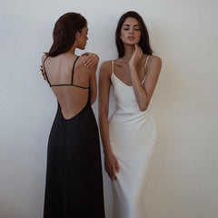 Cutenew Summer Fashion Elegant Solid Color Silk Women Long Dresses Sexy Backless V-Neck Party Vacation Club Night A-Line Dresses voguable