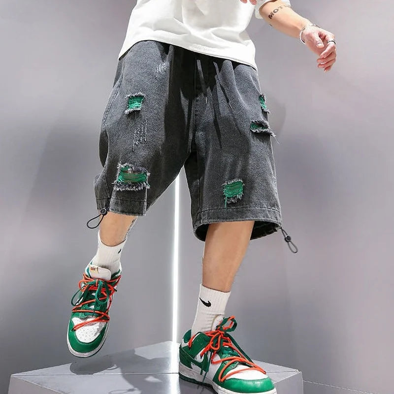 Voguable Black Baggy Short Jeans Men Denim Shorts Blue Ripped Jeans for Men Summer Japanese Hip Hop Jeans Streetwear Harajuku voguable