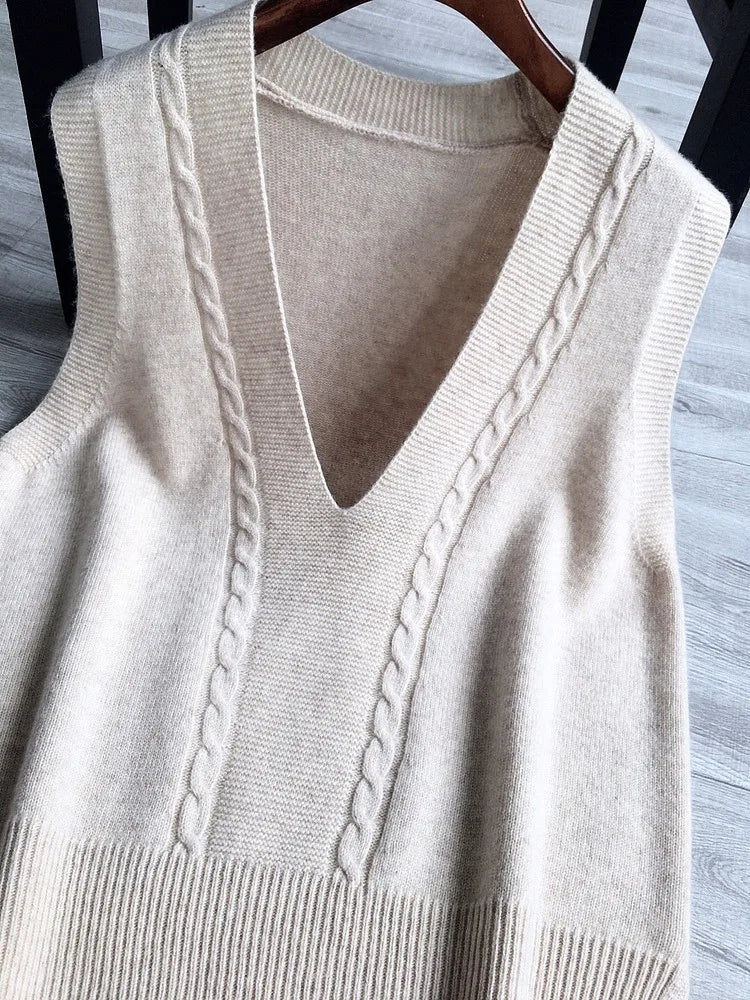Voguable V Neck Knitted Vest Sweater Sleeveless Women Khaki Casual Pullover Black  Autumn Winter Gray Jumper Fashion voguable
