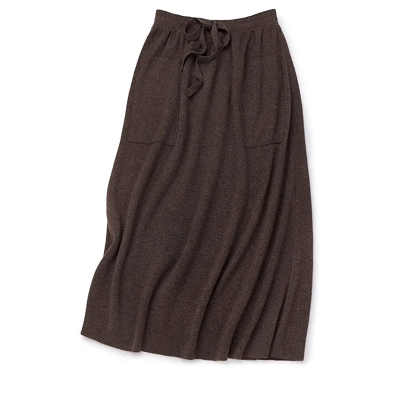 Cashmere skirt ladies high waist stretch skirt casual knitted half length long skirt with pockets winter warm female skirt voguable