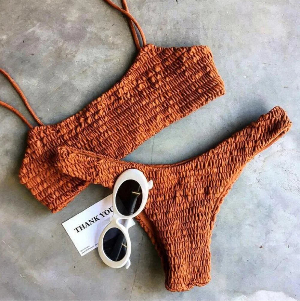 Yellow Ruffles Crochet Sexy Bikini Set Women Push-up Padded Bra Biquini Swimsuit e Swimwear Bathing Suit Mujer