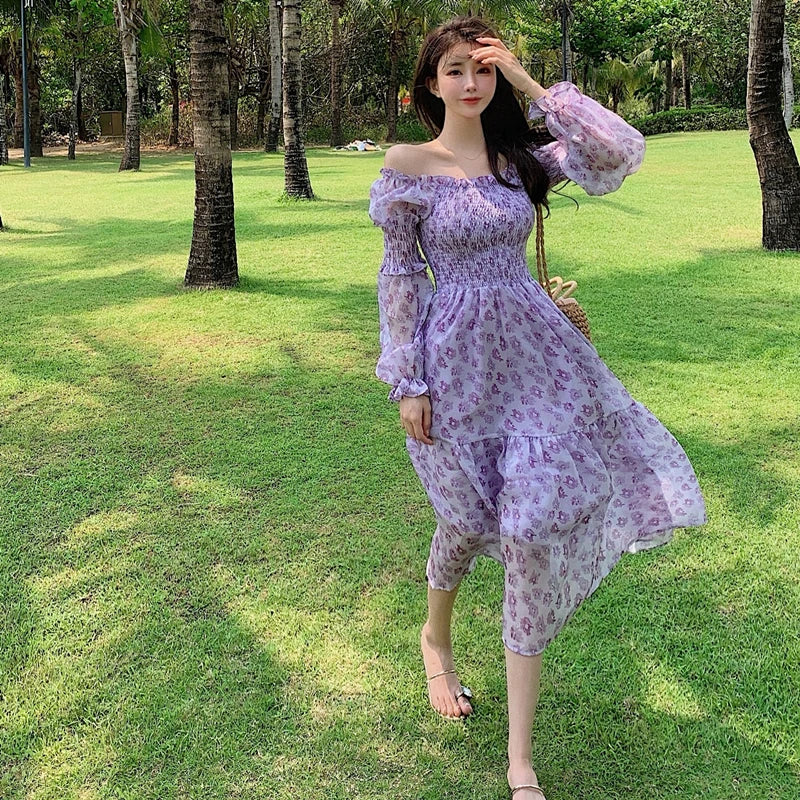 Voguable Design Floral Dress Women Summer Puffer Sleeve Beach One Piece Dress Korean Elegant Vintage Dress Female Chic Square Collar voguable