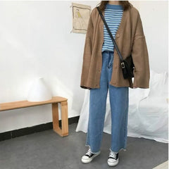 Sweaters Women Knitting Cardigans Casual Spring V-Neck Long Sleeve Daily Solid Mujer Clothes Single Breasted Brown College voguable