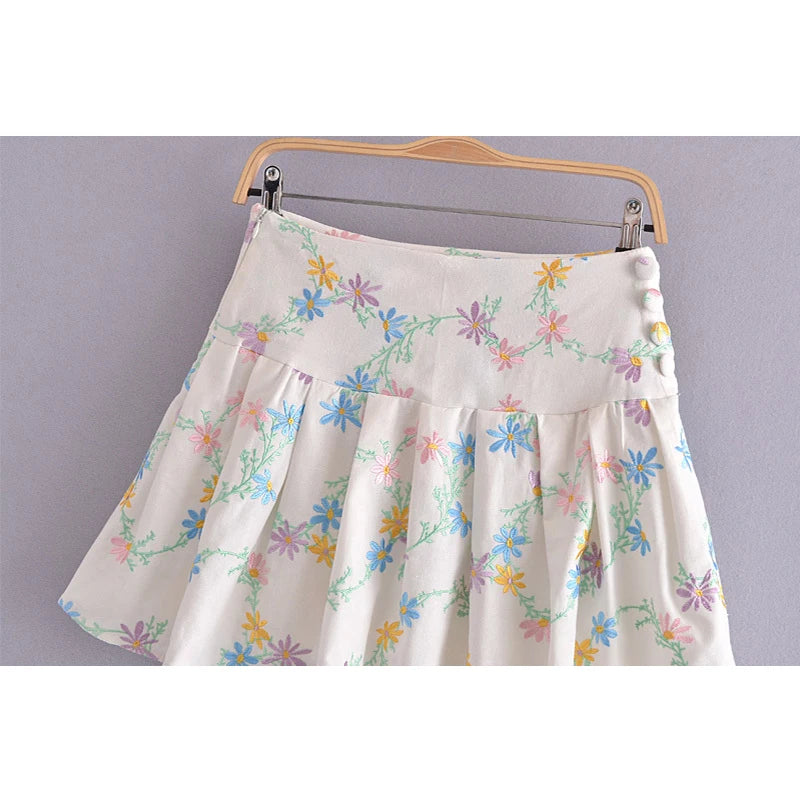 Voguable  Floral Embroidery Pleated Mini Skirt New Women Side Zipper Button High Waist Jupe Summer Fashion Faldas voguable