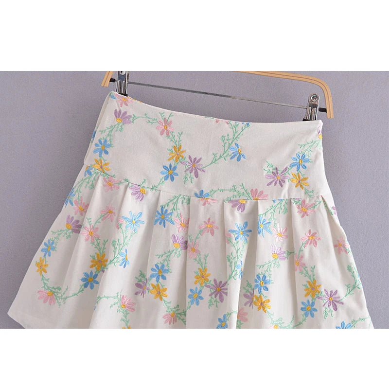 Voguable  Floral Embroidery Pleated Mini Skirt New Women Side Zipper Button High Waist Jupe Summer Fashion Faldas voguable