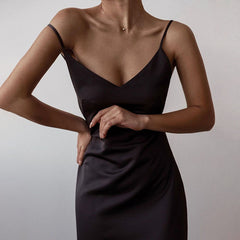 Cutenew Summer Fashion Elegant Solid Color Silk Women Long Dresses Sexy Backless V-Neck Party Vacation Club Night A-Line Dresses voguable